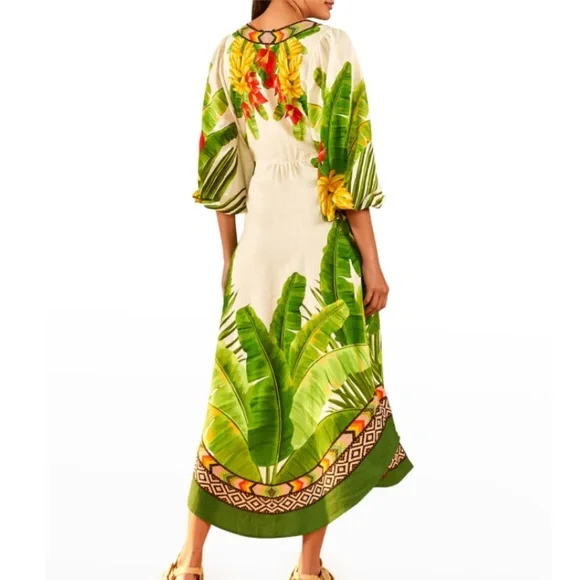 NWT $275 Farm Rio Fresh Forest Puff-Sleeve Midi Dress in Small!
